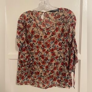 Zara Red Flower Print Top With Three Quarter Sleeves